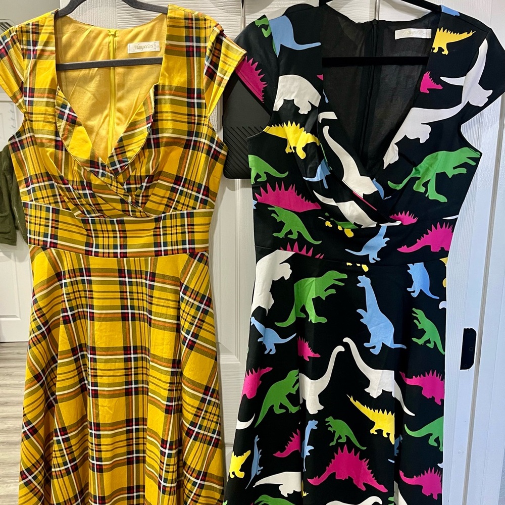 Lindy Bop Yellow Plaid and Black Dinosaur Print Midi 👗 2 dresses as a set m/L fo